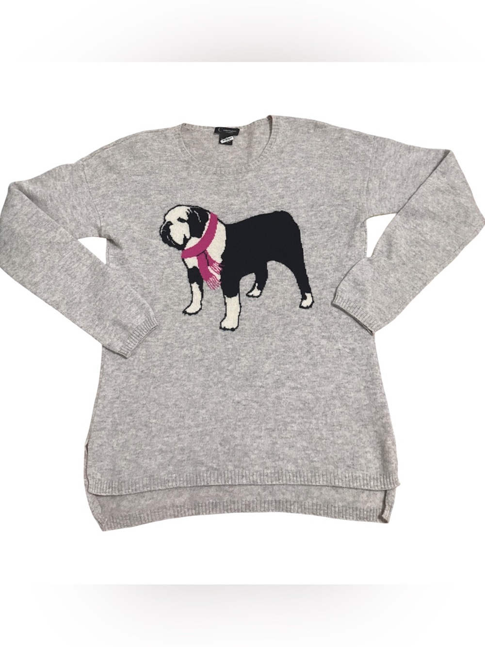 C by Bloomingdale’s 100% 2-Ply Cashmere Bulldog Sweater Gray Pink Scarf M